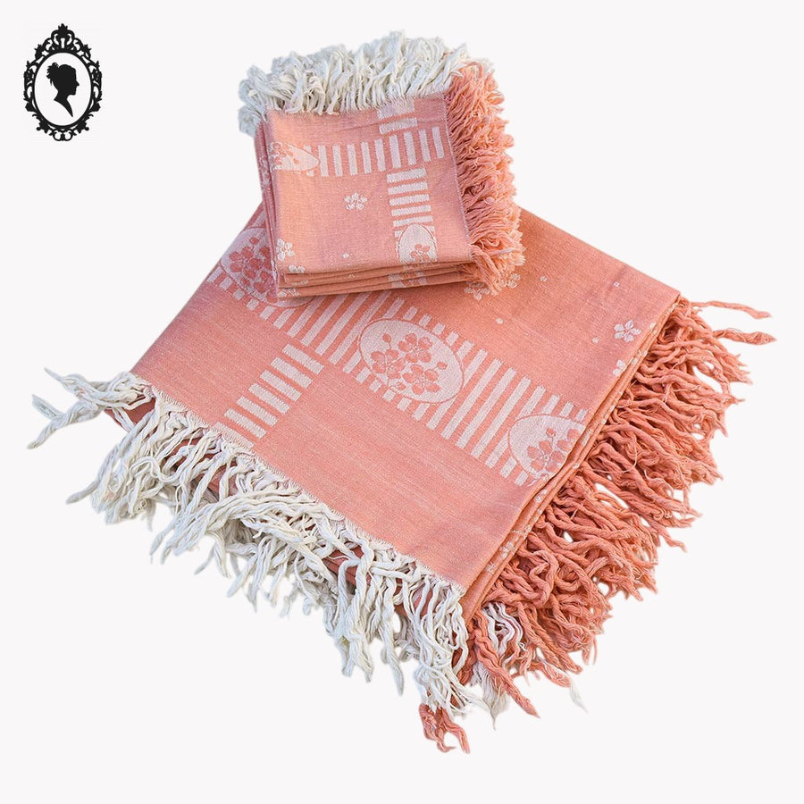 Service nappe et 12 serviettes à thé café rose saumon beige damassé vintage