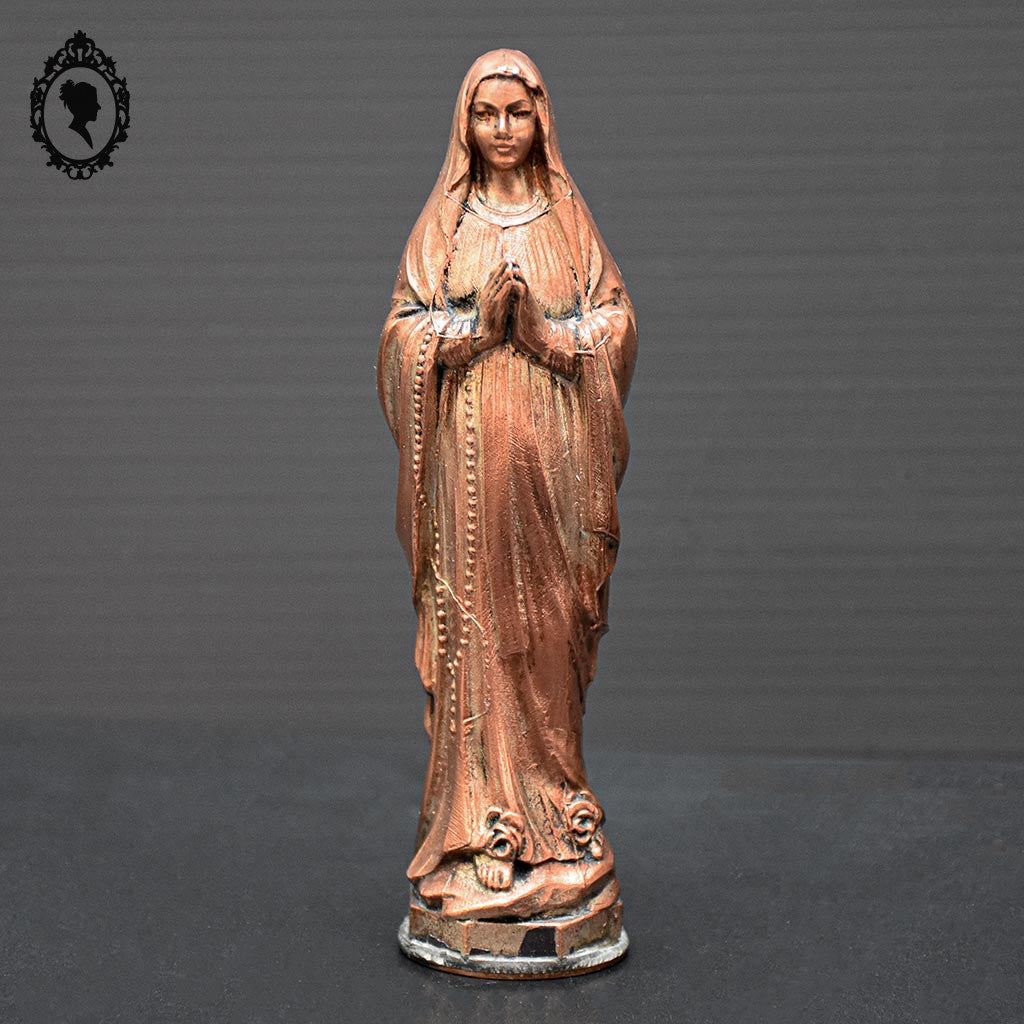 Statue Vierge Marie en métal orange objet religieux ancien vintage H 15 cm