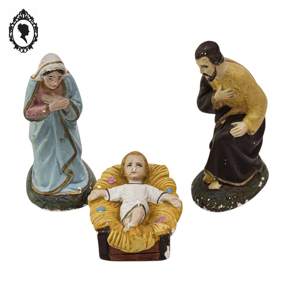 Statues religieuses 3 santons de crèche Marie Joseph et Jésus en plâtre vintage H 13 cm