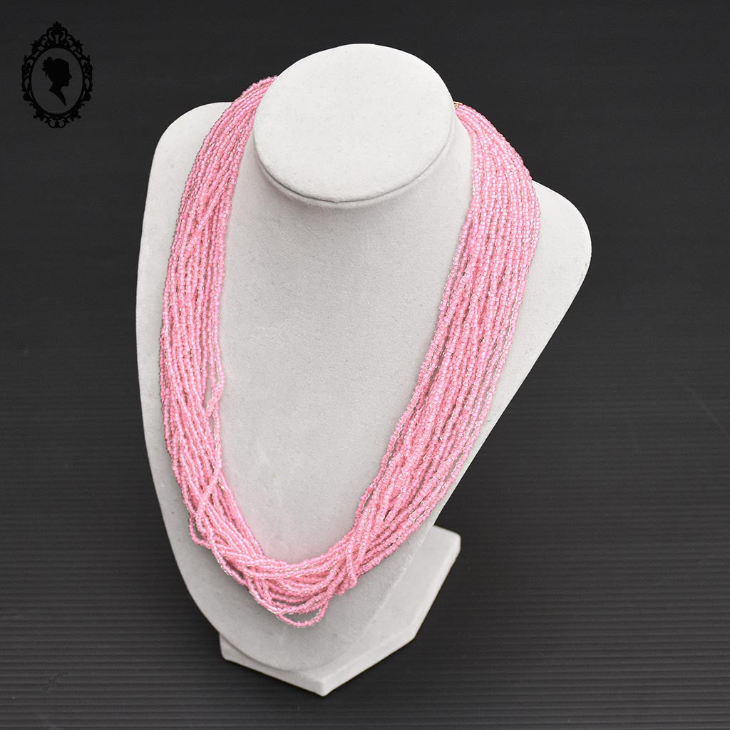 Superbe collier perle de rocaille rose 20 rangs vintage