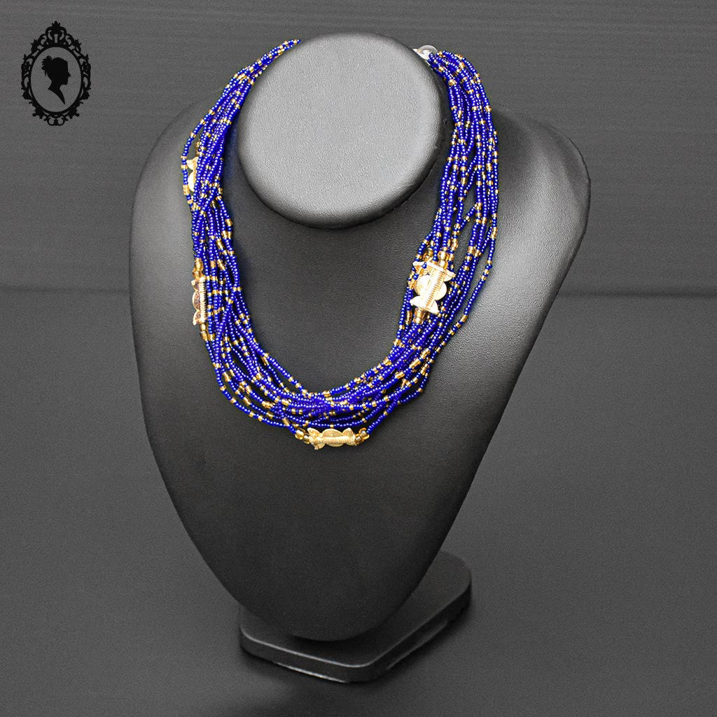 Superbe collier perles de rocaille coloré bleu doré 15 rangs vintage