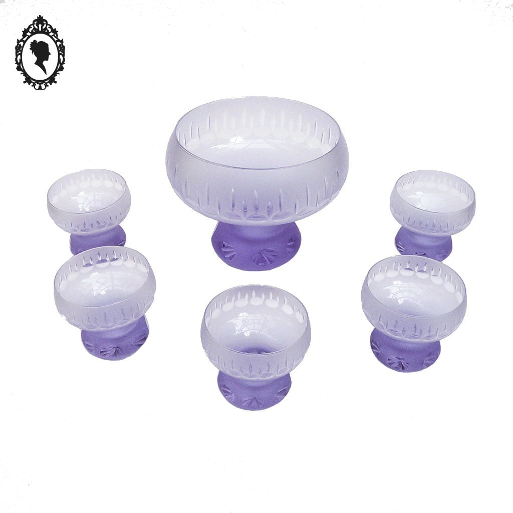Rare service à dessert coupe et 5 coupelles en cristal violet ancien Art Déco