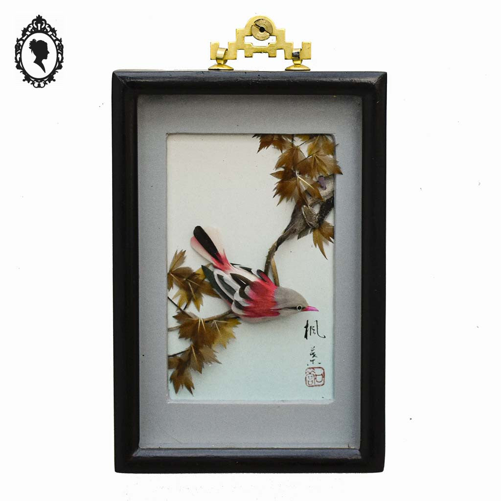 Adorable tableau oiseau rose cadre à relief chinois asiatique blanc gris noir plume vintage