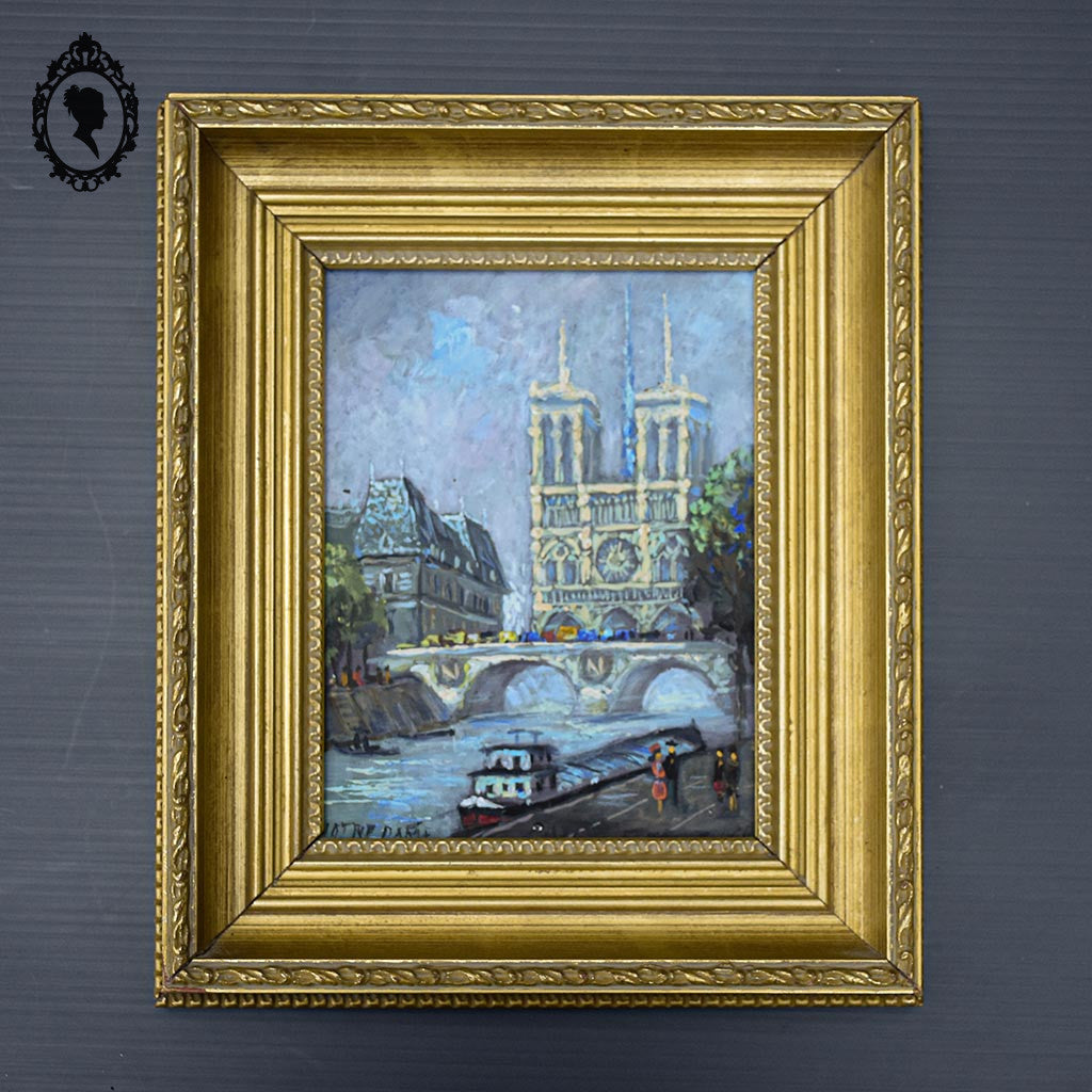 Tableau peinture à l’huile Notre Dame de Paris souvenir Montmartre 1983 18 x 14 cm