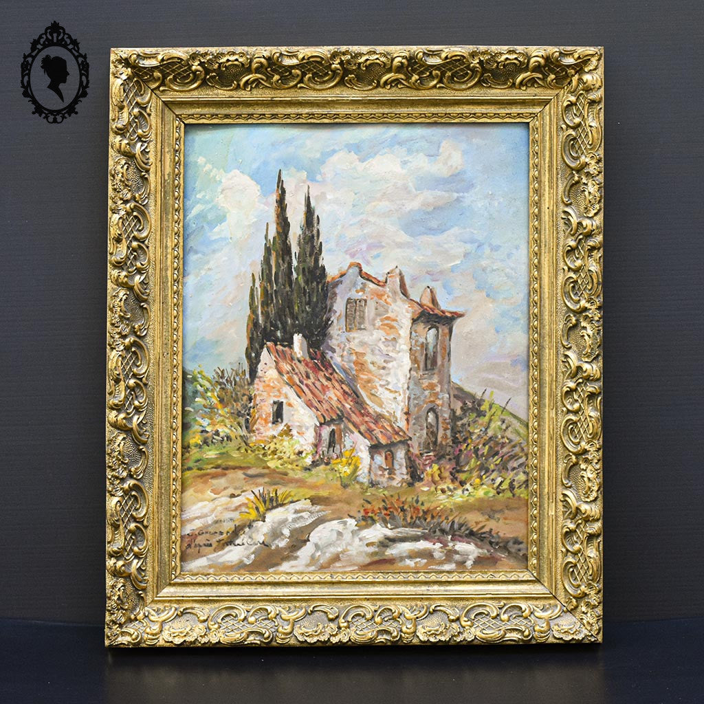 Tableau peinture à l’huile paysage mas Provence signé Guerard sur isorel vintage