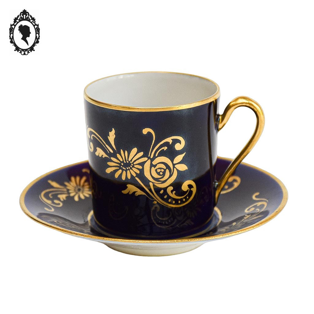 Tasse et sous tasse porcelaine bleu cobalt or Limoges