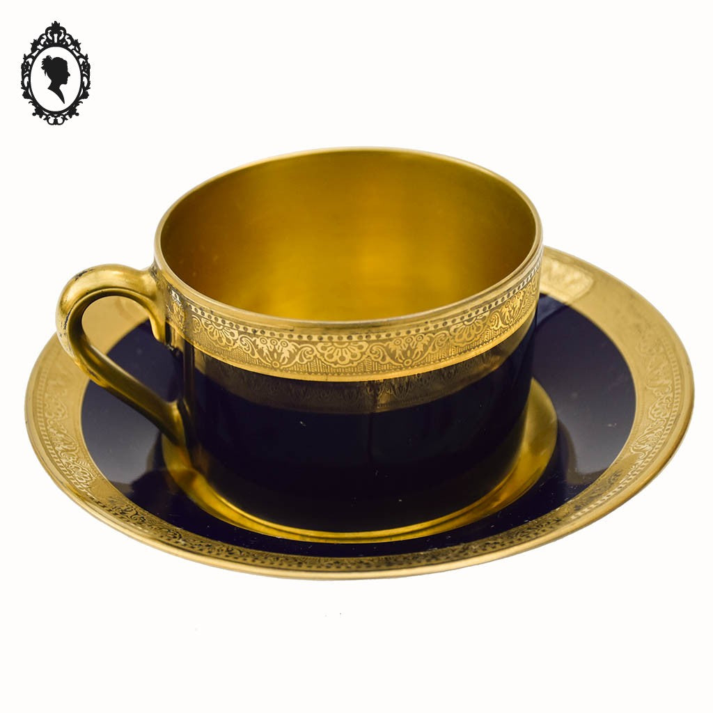 Tasse porcelaine artistique FM Limoges bleu de Sèvres de Four et doré or France
