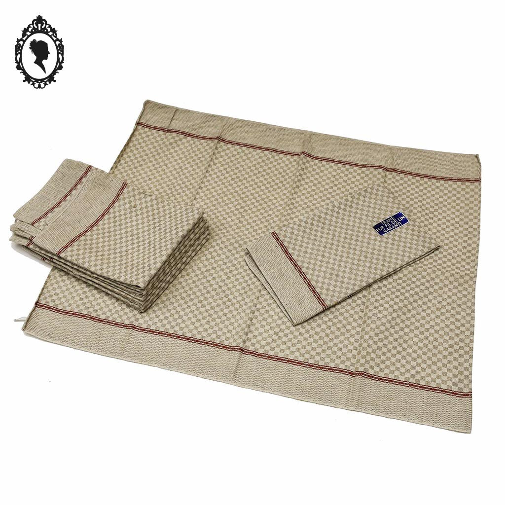 Torchon tramé pur fil de lin beige à liteau rouge ancien et Neuf