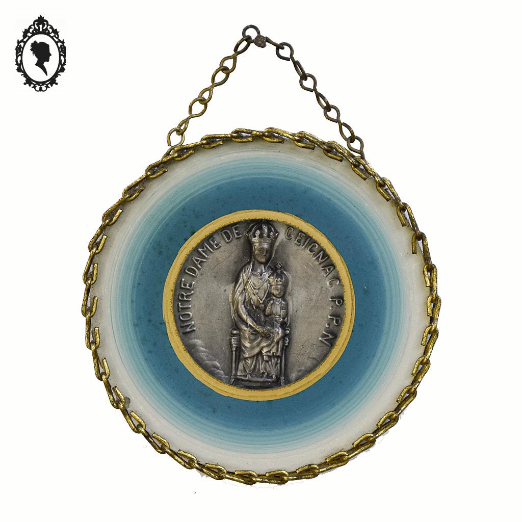 Tout petit cadre rond verre Notre Dame de Ceignac D 8,5 cm bleu vintage