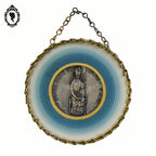 Tout petit cadre rond verre Notre Dame de Ceignac D 8,5 cm bleu vintage
