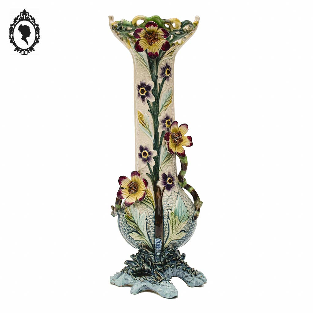 Vase Art Nouveau barbotine bleu beige porcelaine fleuri fleurs en reliefs ancien