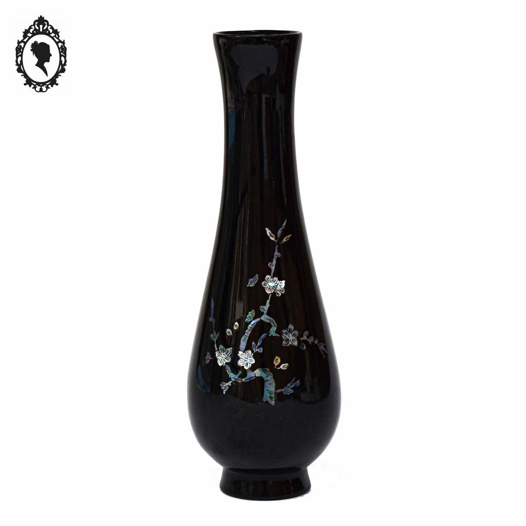 Vase oriental en bois noir laqué fleur cerisier en nacre
