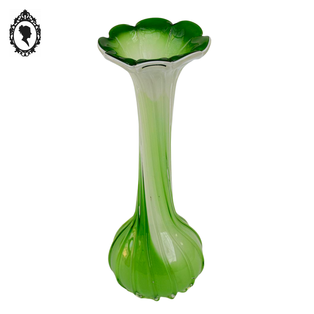 Vase soliflore forme fleur vert blanc verre style Murano