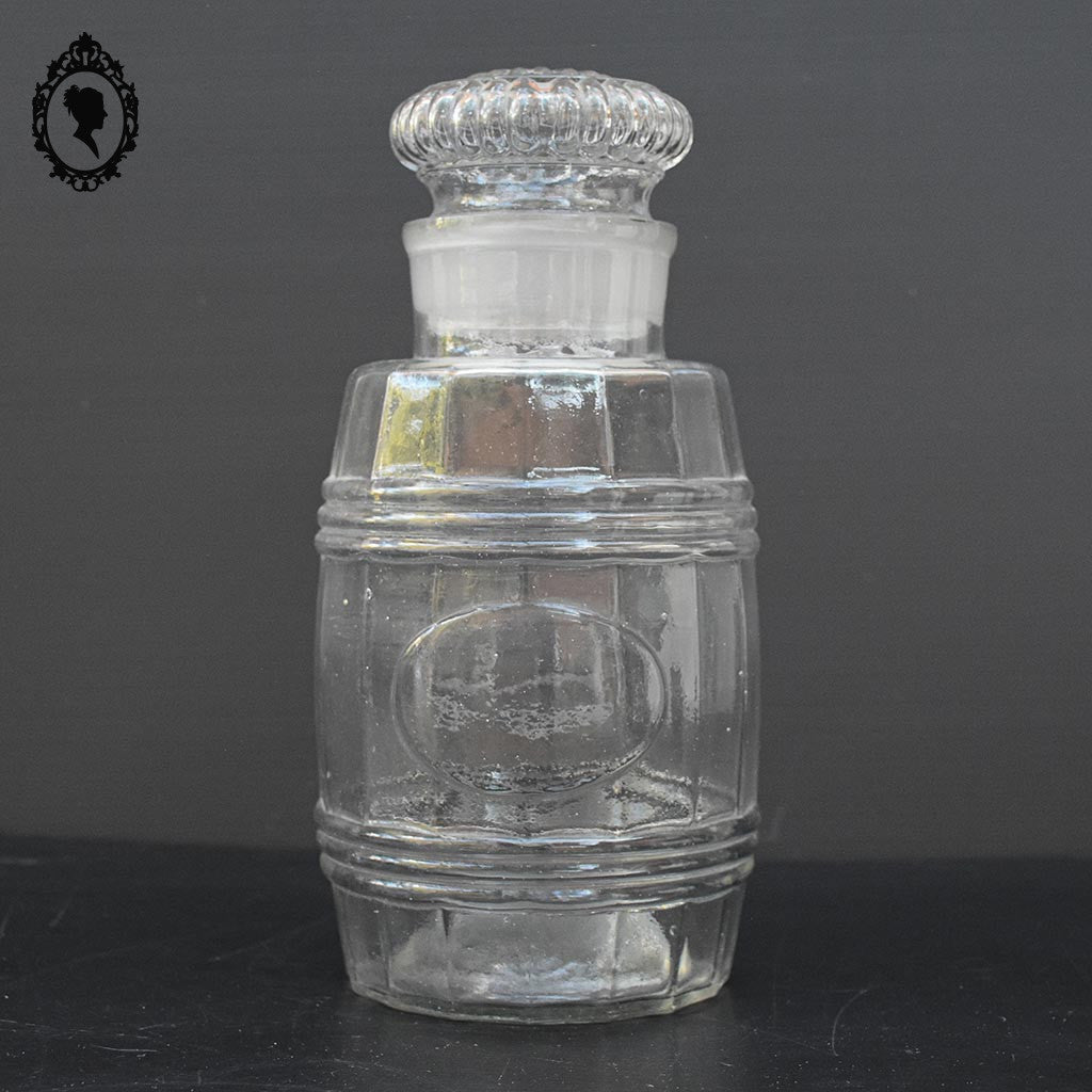 Pot en verre soufflé flacon Apothicaire pharmacie couvercle forme tonneau ancien