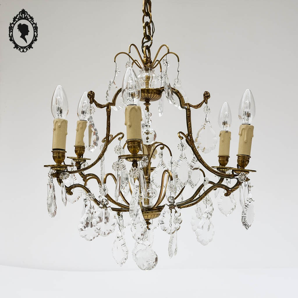 Élégant lustre cage 6 ampoules à pampilles et bronze doré ancien