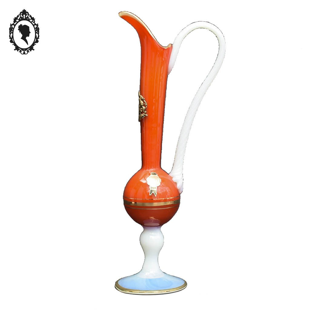 Vase soliflore sur pied anse opaline verre opalescent blanc et orange
