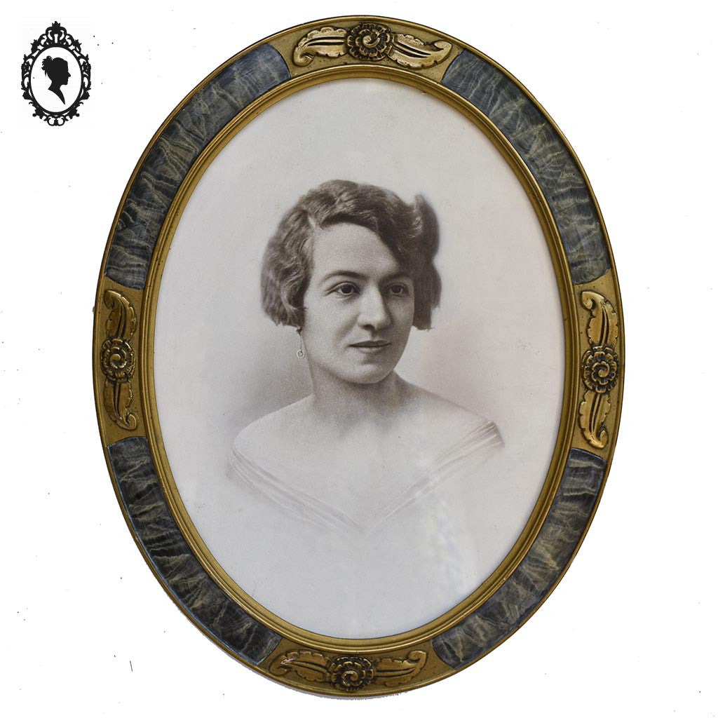 Cadre Art déco Art nouveau ancien ovale doré photo portrait femme sépia