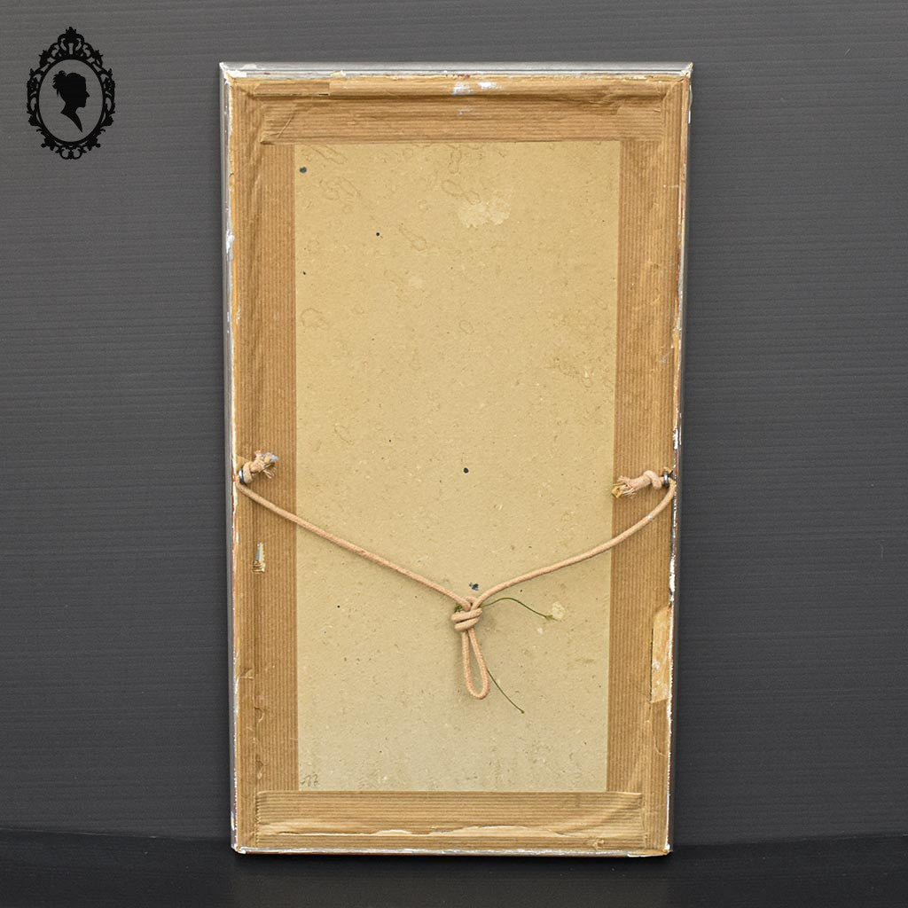 Cadre religieux tableau tapisserie soie tissée argent N D de Lourdes sur tissu vintage
