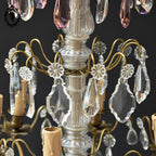 Chic lustre à pampilles bronze doré 6 feux enfilage verre ancien