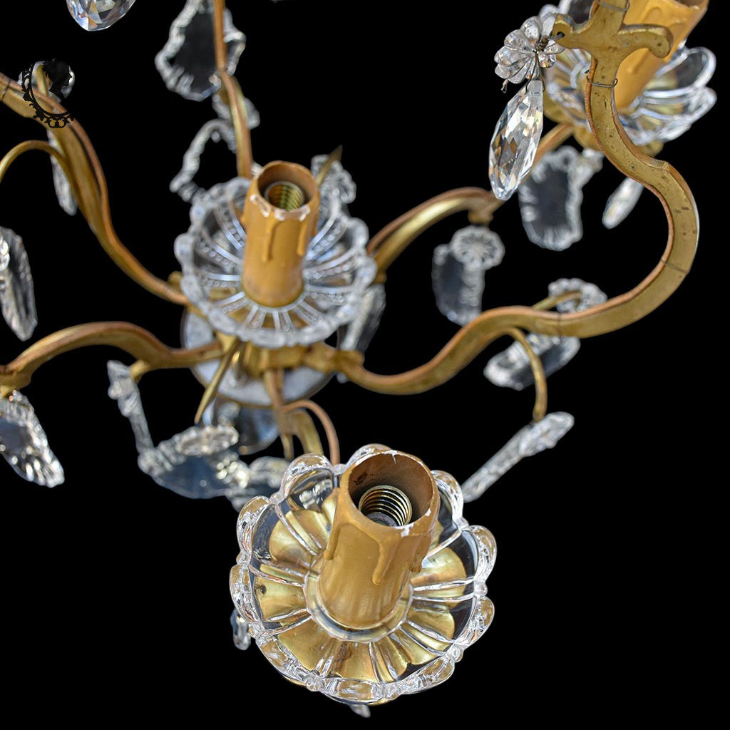 Chic lustre cage à pampilles en bronze doré 5 feux ancien vintage