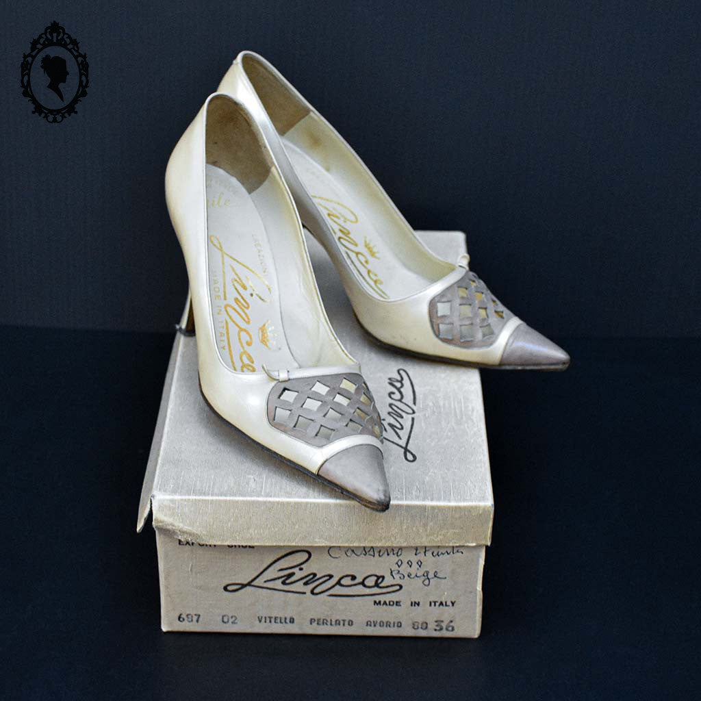 Chics escarpins à talon italien en cuir beige nacré Linca ou Limca P 36 vintage