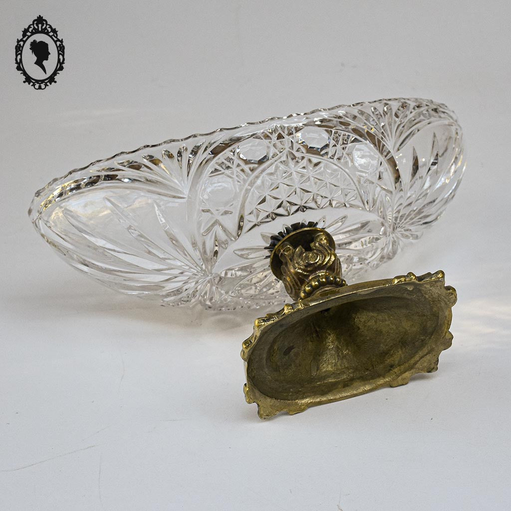 Coupelle sur pied serviteur plat coupe ovale piédouche en cristal et laiton H 15 L 31 cm