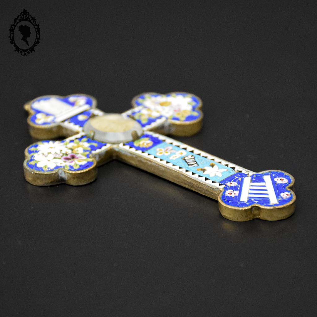 Croix en micro mosaïque de Roma Italienne photo verre H 10,5 cm ancienne