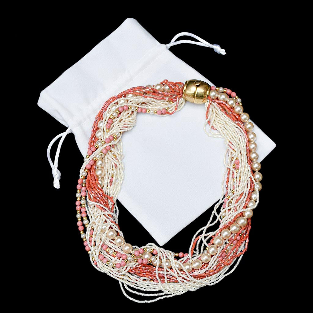 Élégant collier rose saumon beige multi rangs bijou fantaisie vintage