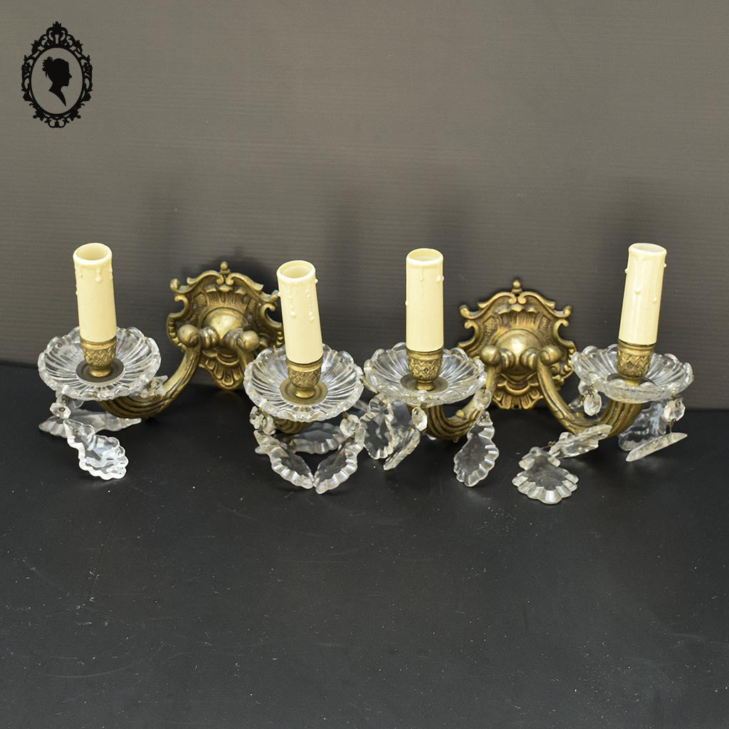 Elégante paire d’appliques en bronze doré pampilles baroque 2 lumières vintage