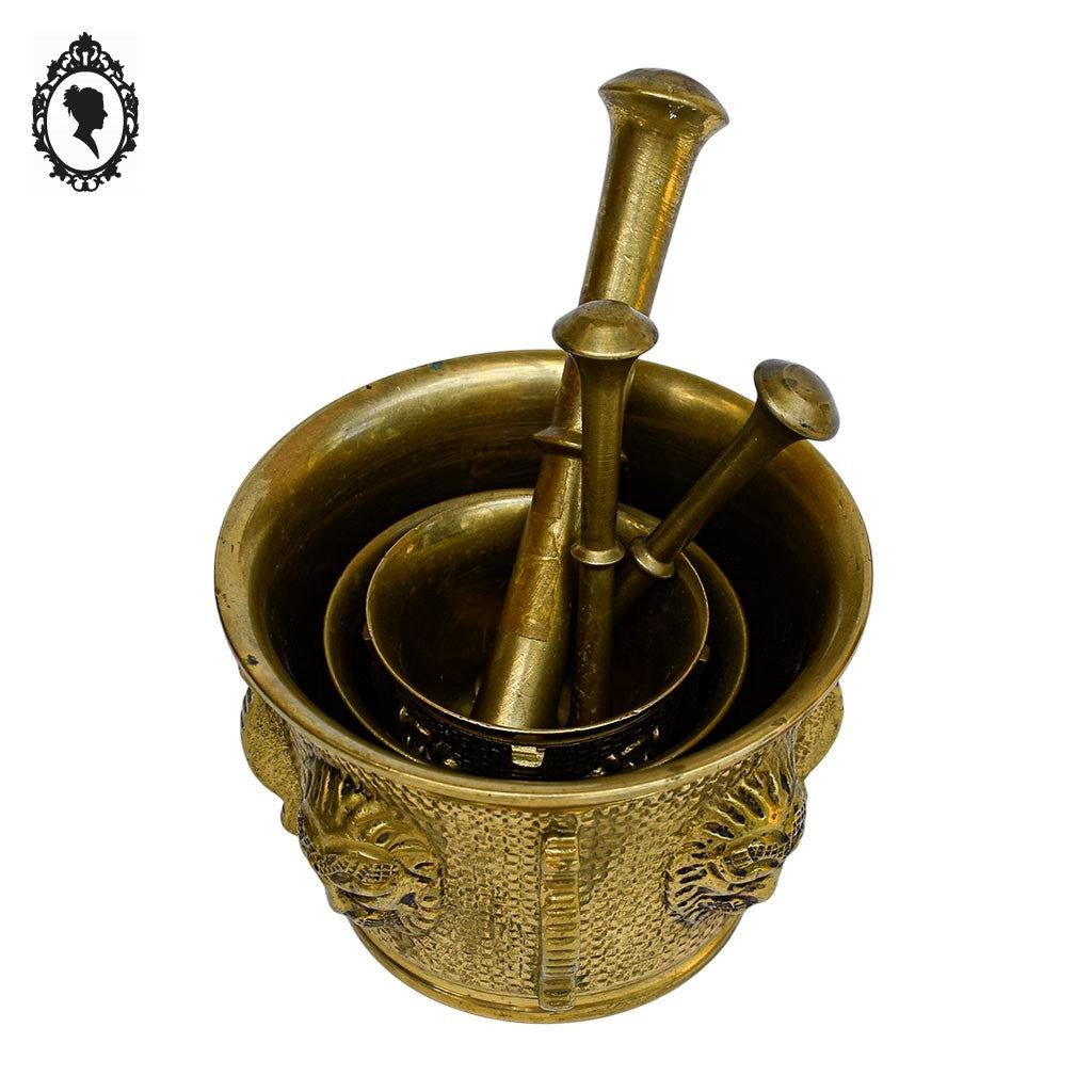 Lot 3 mortiers et pilons en bronze doré Lion ancien vintage
