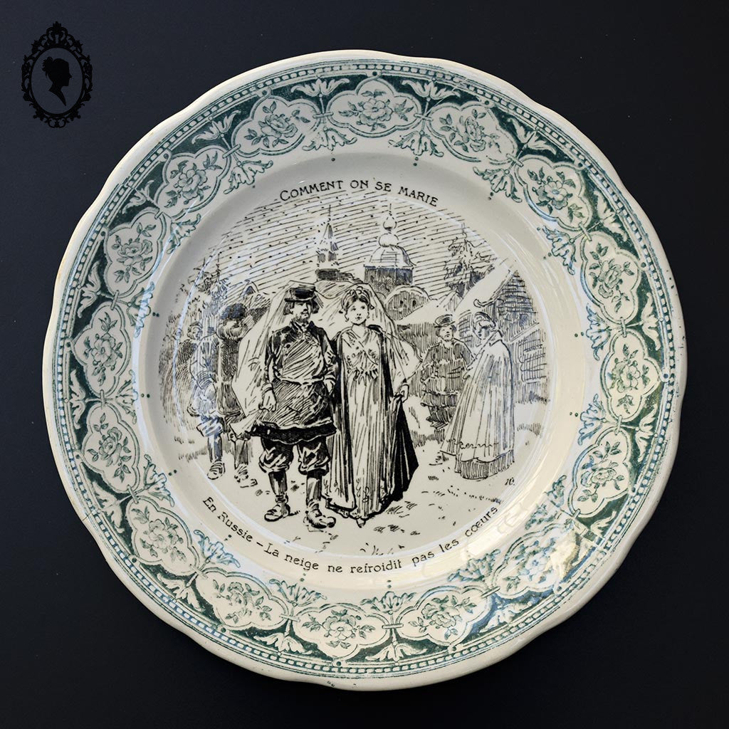 Lot 5 assiettes à dessert parlantes mariage beige et vert Digoin Sarreguemines anciennes