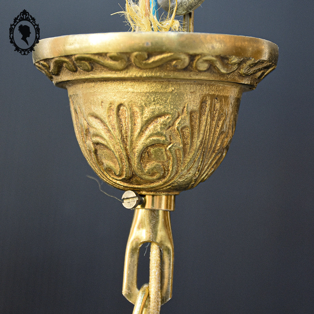 Lustre plafonnier bronze chimères 3 lumières 3 roses pâte de verre blanc doré ancien