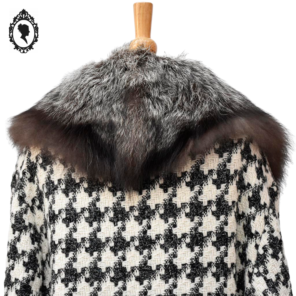 Manteau long femme laine pied-de-poule noir blanc col véritable fourrure T 52 54 vintage