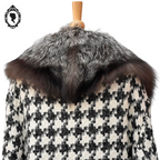Manteau long femme laine pied-de-poule noir blanc col véritable fourrure T 52 54 vintage