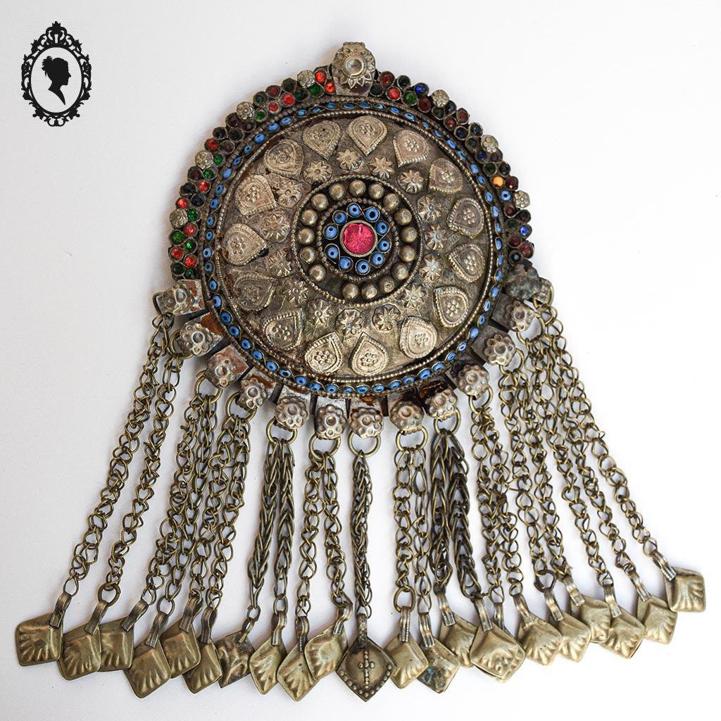 Pendentif collier ethnique antique nomade en métal vintage ancien H 18,5 cm