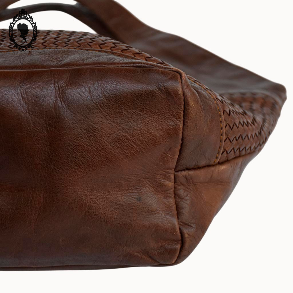 Sac cabas cuir cognac marron devant tressé vintage