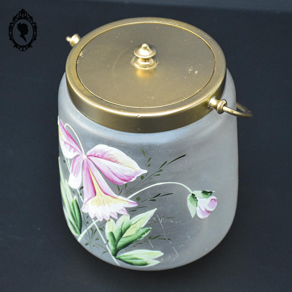 Sceau pot à biscuits verre mat fleur émaillée rose jaune vert ancien art nouveau