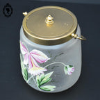 Sceau pot à biscuits verre mat fleur émaillée rose jaune vert ancien art nouveau