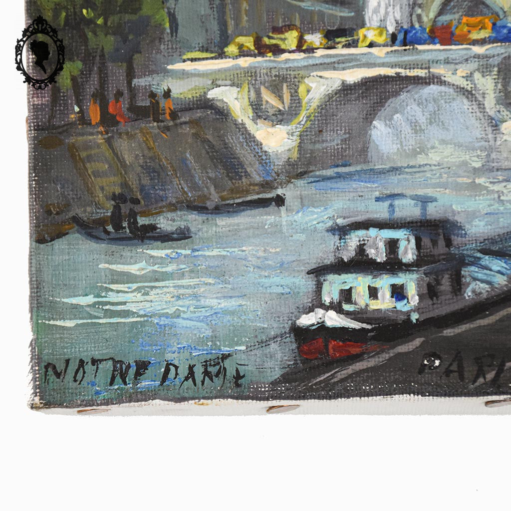 Tableau peinture à l’huile Notre Dame de Paris souvenir Montmartre 1983 18 x 14 cm