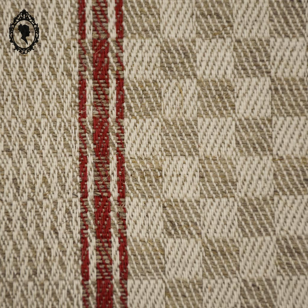 Torchon tramé pur fil de lin beige à liteau rouge ancien et Neuf