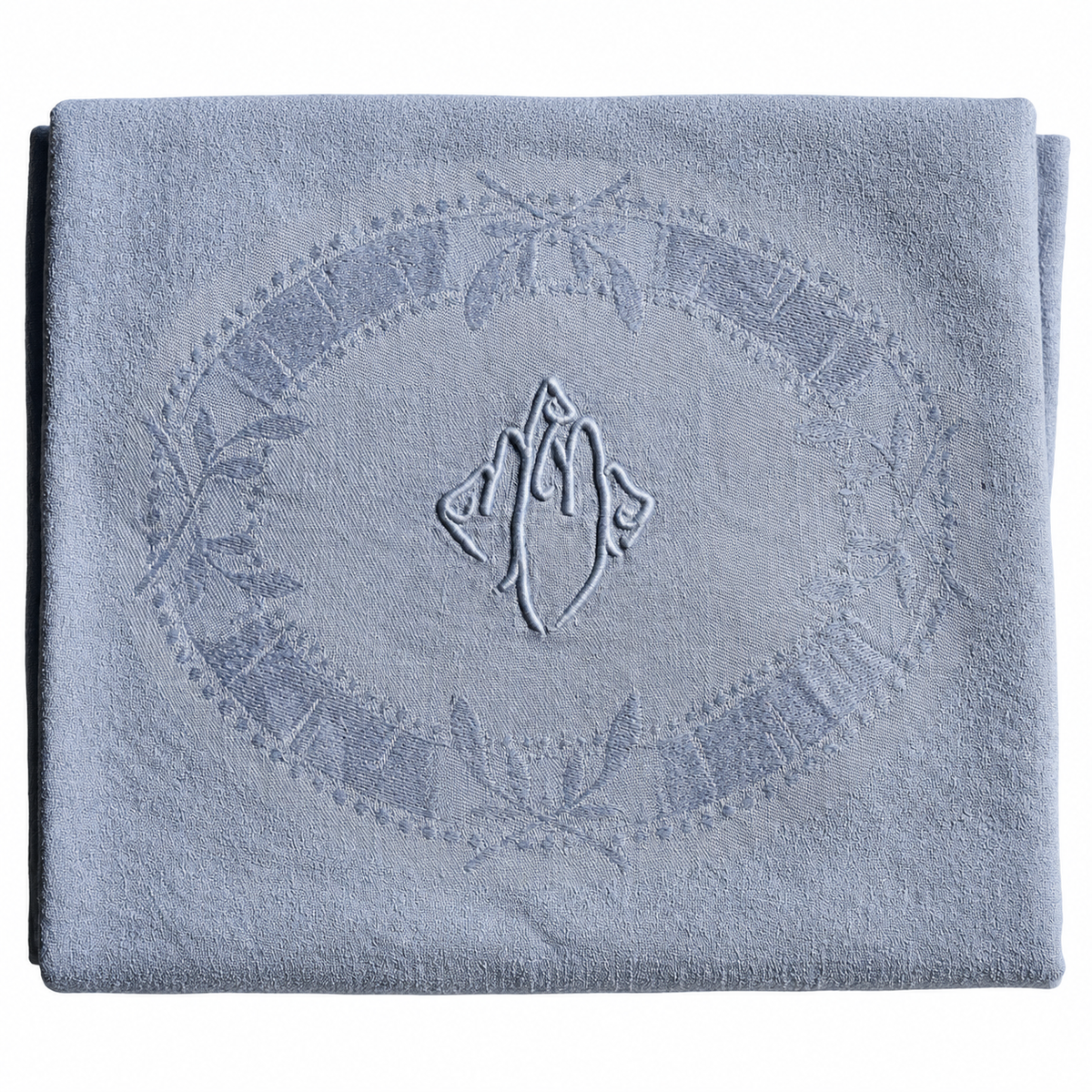 Lot de 12 grandes serviettes anciennes damassées teintes grise bleuté, monogramme brodé – 60 × 75 cm