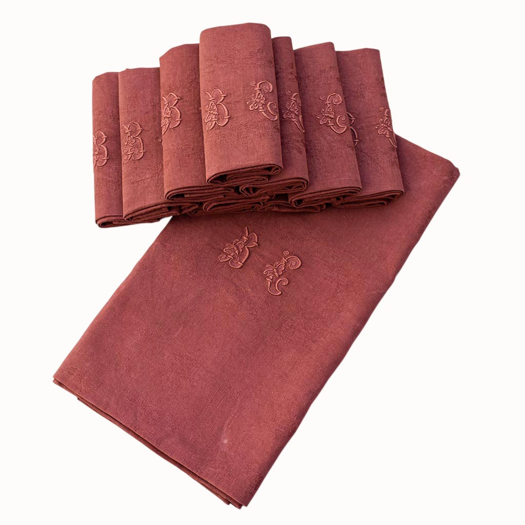 Service de table ancien damassé terracotta – Nappe et 10 serviettes monogrammes BG coton et lin