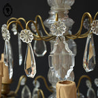 Chic lustre à pampilles bronze doré 6 feux enfilage verre ancien