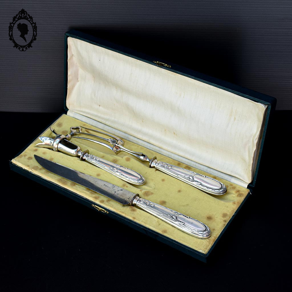 Coffret 3 couverts service complet à découper gigot argent fourré décor Louis XV ancien XIX ième