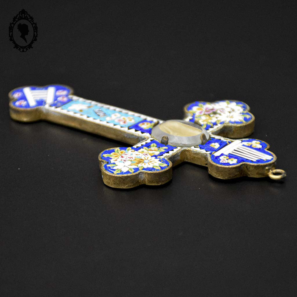 Croix en micro mosaïque de Roma Italienne photo verre H 10,5 cm ancienne