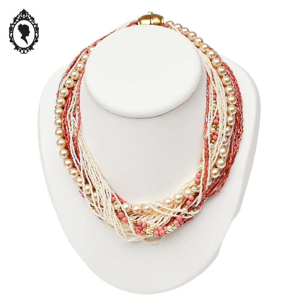 Élégant collier rose saumon beige multi rangs bijou fantaisie vintage