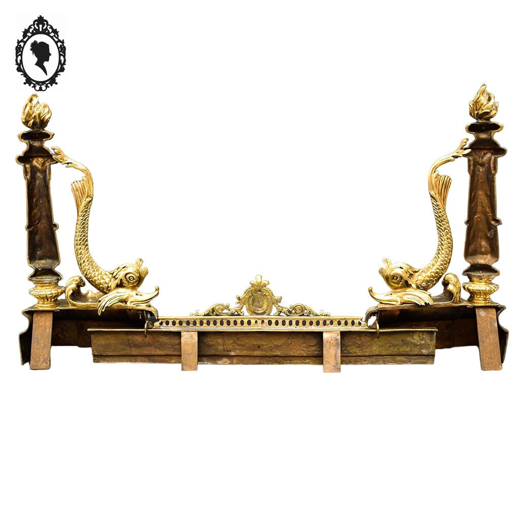 Élégant défenseur de cheminée chenets barre bronze doré chimère dauphin serpent de mer poisson ancien