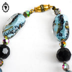 Élégant long collier perles de verre vénitien Murano bleu noir vintage ancien