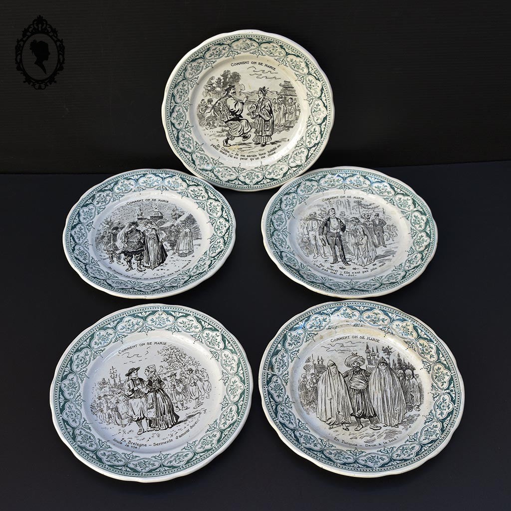 Lot 5 assiettes à dessert parlantes mariage beige et vert Digoin Sarreguemines anciennes