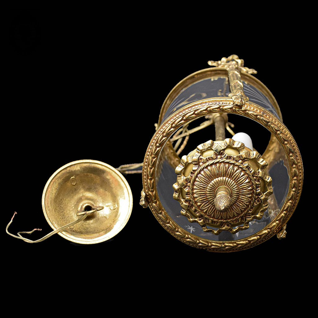 Lustre plafonnier lanterne cage 3 lumières verre bronze doré vintage
